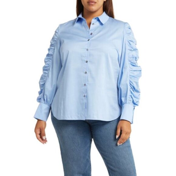 Harshman Blouse Juliana Light Blue Ruffled Sleeve Button-Up Shirt Cotton Classic - Picture 1 of 12